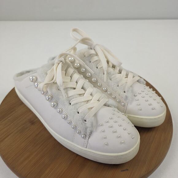 Stuart Weitzman Shoes‎ Womens Size 9 White Pearl Studded Faux Fur Mule Sneakers - Picture 6 of 16